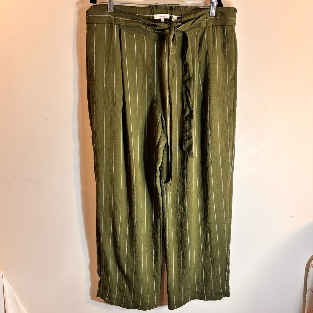 Vince Sz XL Olive Cream Striped Wide Leg Palazzo Belt Pockets Unlined